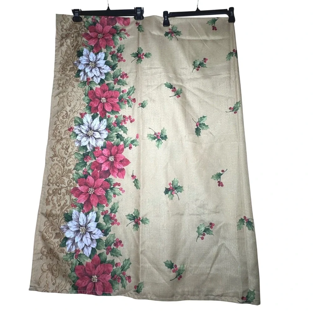Christmas Poinsettia Floral Tablecloth Gold Red White 60x84 Holiday Rectangular